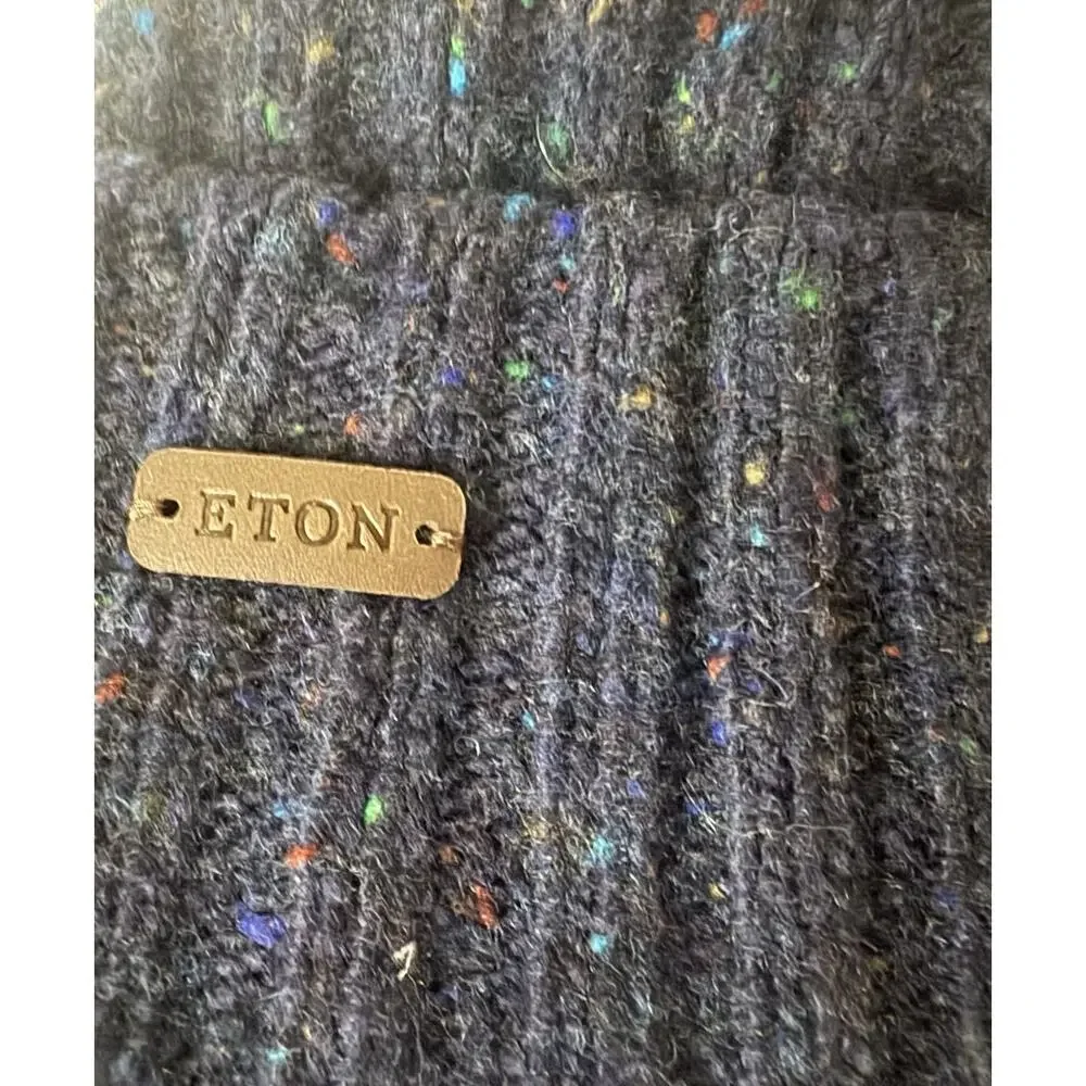 NWT Eton Navy Blue Donegal Leather Logo Patch Wool Beanie $150.00 *2026 Style*